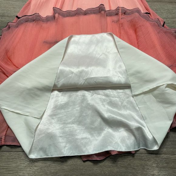 BEBE Pink Black Silk Dress Ruffle Sheer Formal Size 6 Small Midi Length - Picture 5 of 11